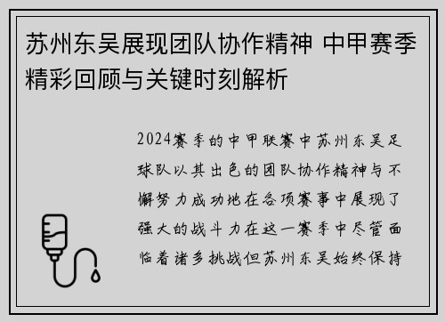 苏州东吴展现团队协作精神 中甲赛季精彩回顾与关键时刻解析