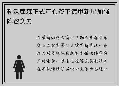 勒沃库森正式宣布签下德甲新星加强阵容实力 勒沃库森正式宣布签下德甲新星加强阵容实力