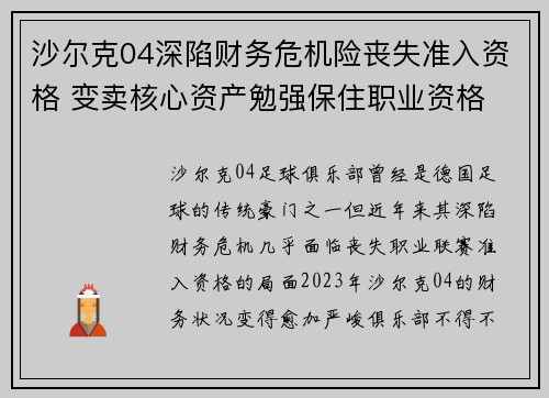 沙尔克04深陷财务危机险丧失准入资格 变卖核心资产勉强保住职业资格 沙尔克04深陷财务危机险丧失准入资格 变卖核心资产勉强保住职业资格